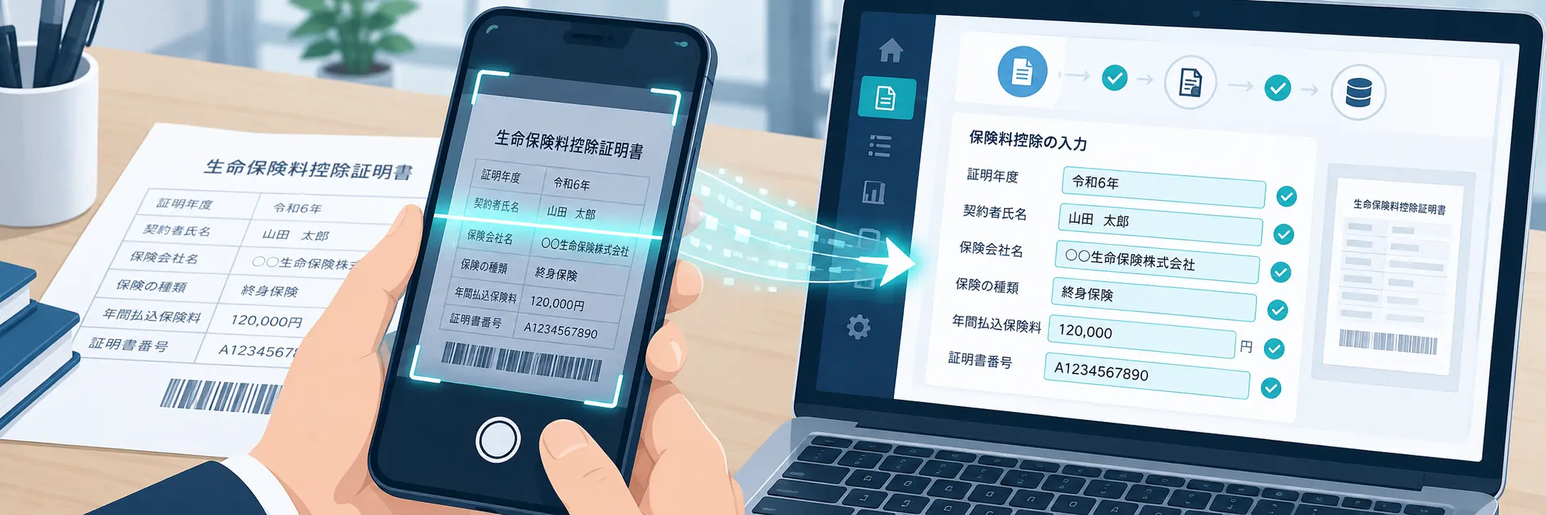 年末調整の保険料控除証明書をAI-OCRで自動読み取りする様子